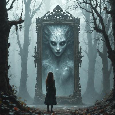 The primary subject of the image is a woman standing in front of a large mirror. The setting is a forest, with trees surrounding the woman and the mirror. The visual style appears to be a combination of photo and digital art, creating a surreal and mysterious atmosphere. The colors in the image are predominantly dark, with the woman and the mirror being the main focus.